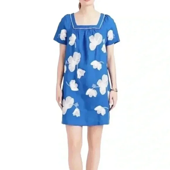 J. Crew | Dresses | Jcrew Embroidered White Flowers Bright Blue Linen  Vacation Shift Dress | Poshmark